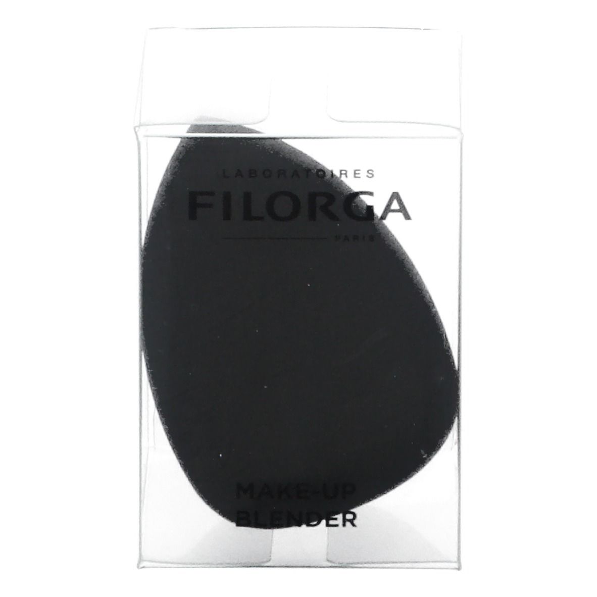 Éponge de maquillage noire dans un emballage transparent. Marque FILORGA. Inscription : MAKE-UP BLENDER.