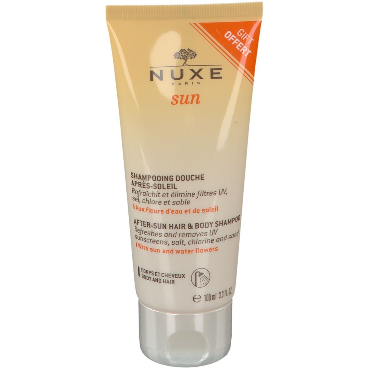 Tube Nuxe Sun, jaune et blanc. Texte: Shampooing Douche Après-Soleil. Avec l'inscription "GIFT OFFERT".