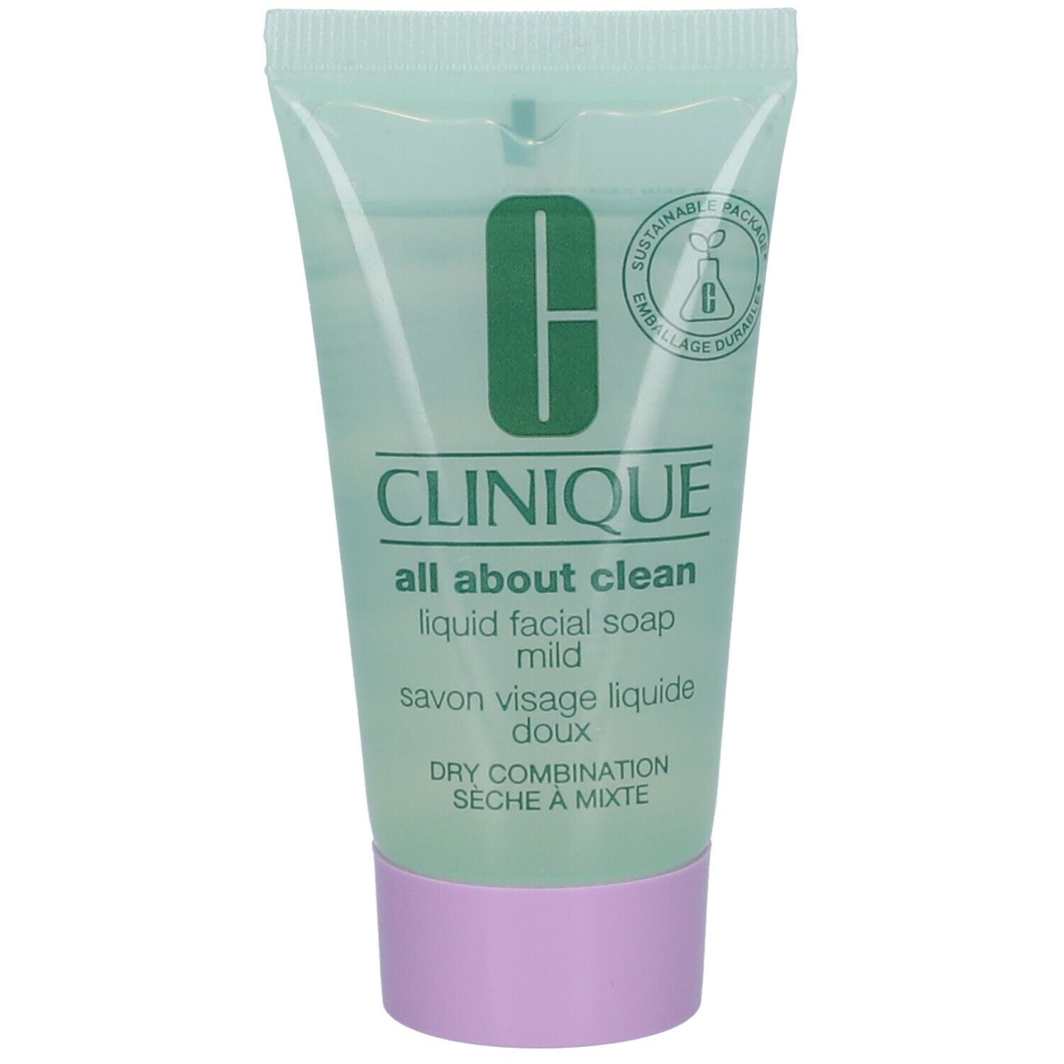 Tube vert CLINIQUE, "all about clean", "liquid facial soap mild". Bouchon rose. Emballage durable.