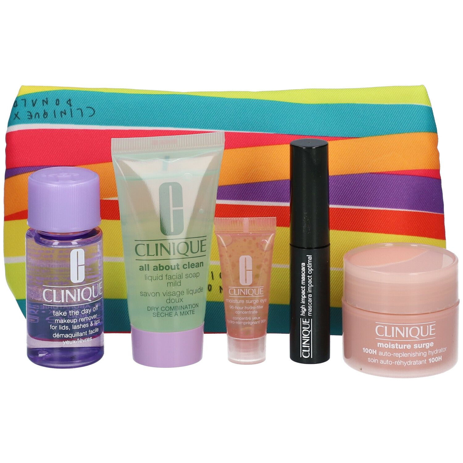 Ensemble Clinique avec plusieurs produits, dont une crème rose, un mascara noir et une trousse de maquillage colorée.