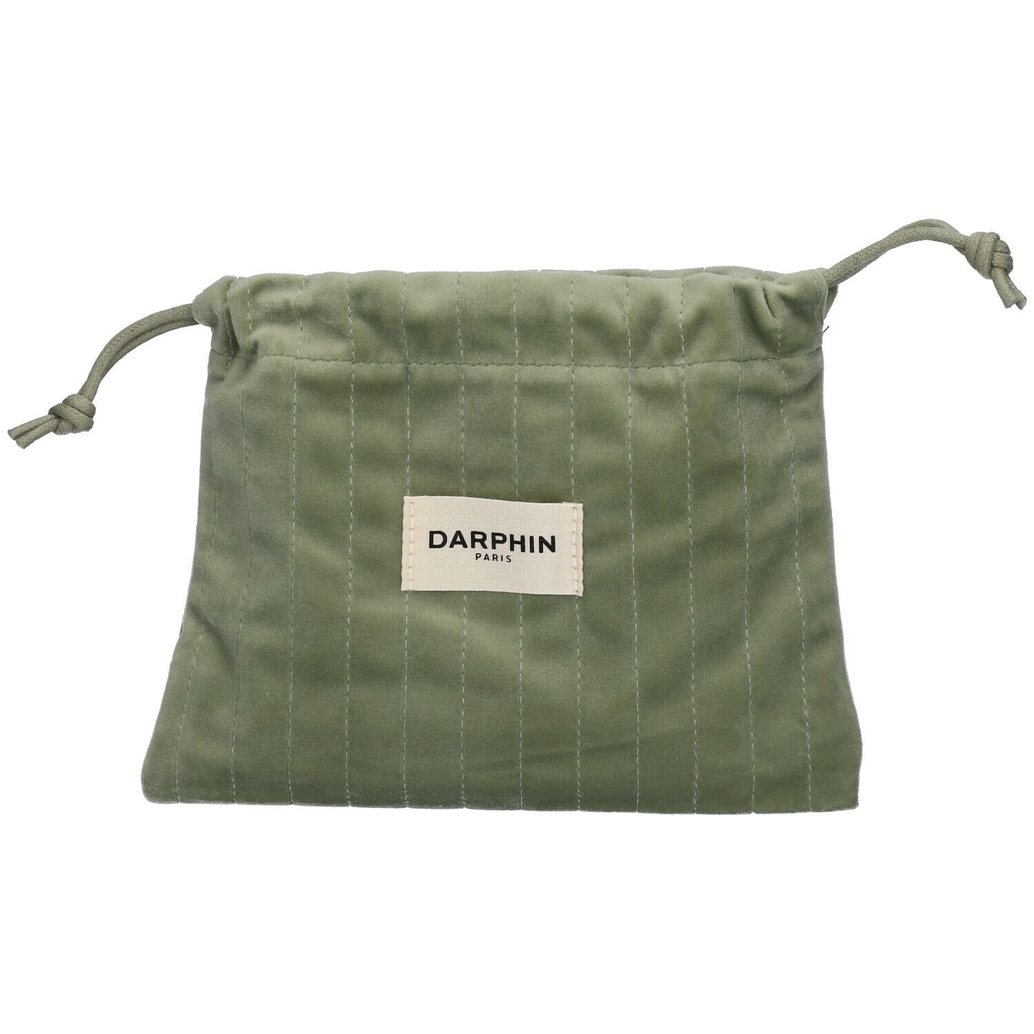 Pochette verte avec cordon de serrage. Étiquette rectangulaire avec "DARPHIN PARIS".