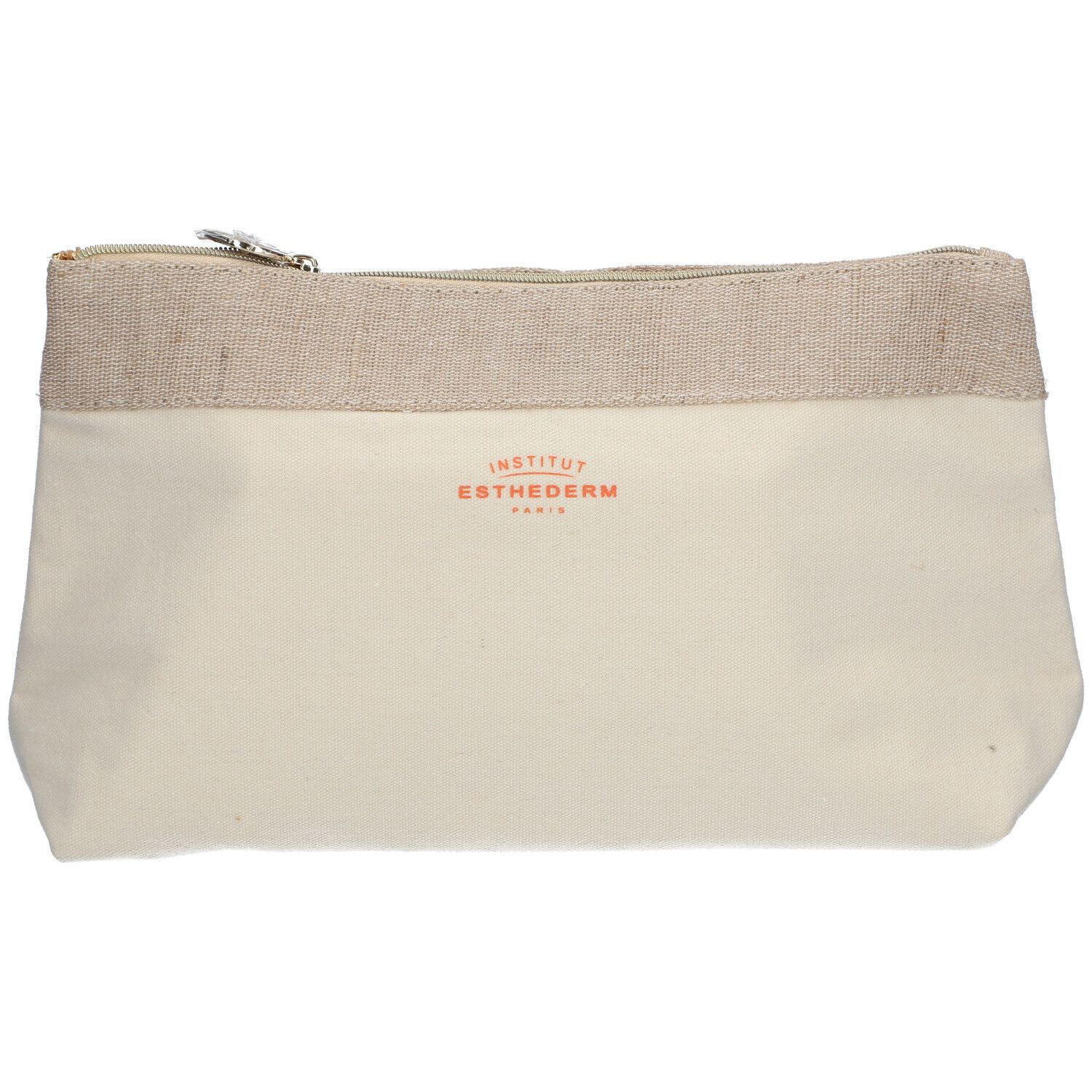 Trousse de toilette beige avec fermeture éclair. Inscription: Institut Esthederm Paris.