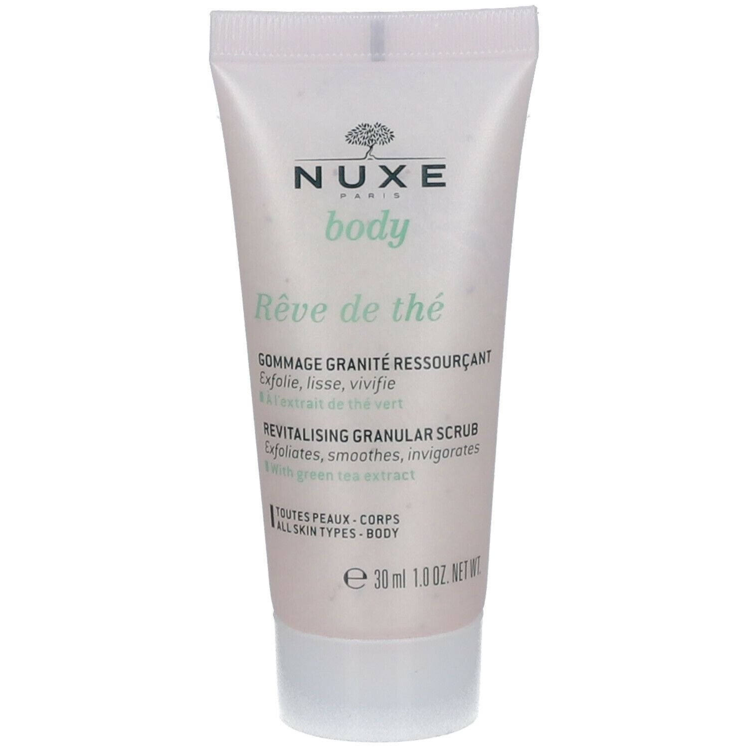 Tube de gommage NUXE Body Rêve de thé. Texte: Gommage Granité Ressourçant. Revitalising Granular Scrub. Pour tous types de peaux.