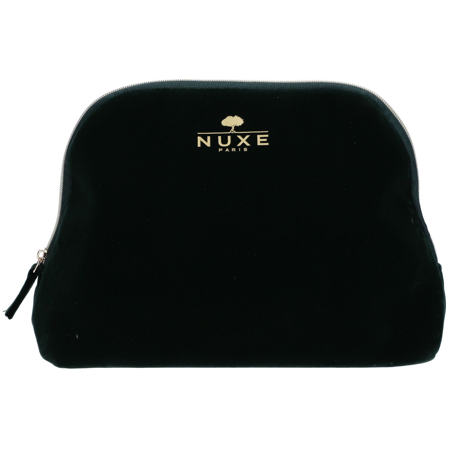 Trousse de toilette en velours vert foncé avec fermeture éclair. Logo doré : Nuxe Paris.