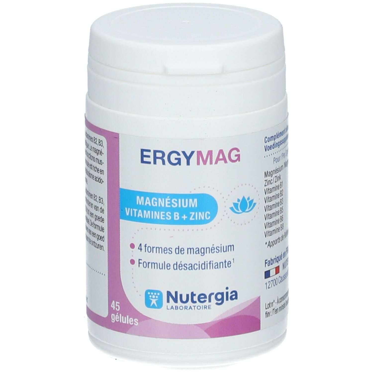 Flacon blanc ERGYMAG. Contient magnésium, vitamines B et zinc. 45 gélules. Marque Nutergia.