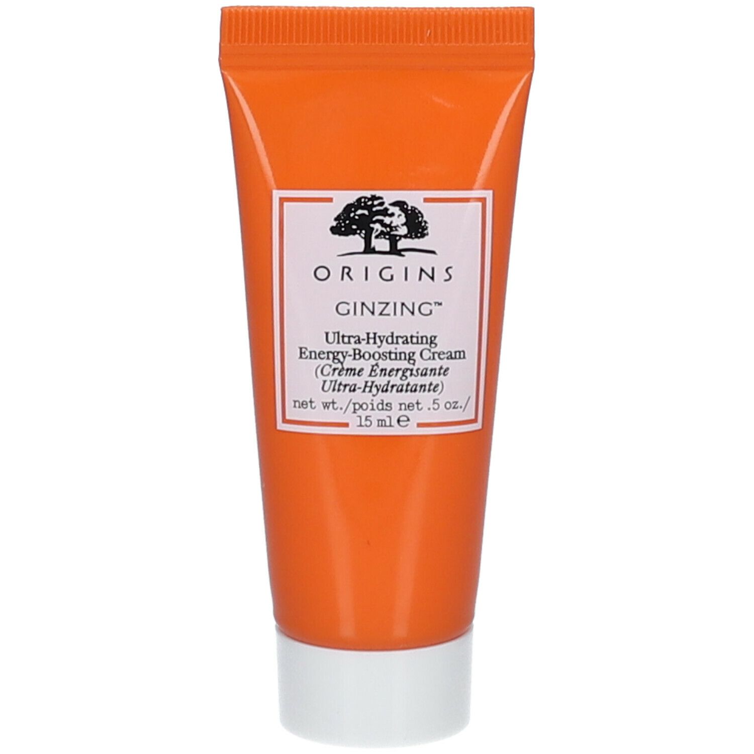 Tube orange avec étiquette blanche. Texte: Origins, GinZing, Ultra-Hydrating Energy-Boosting Cream. 15 ml.