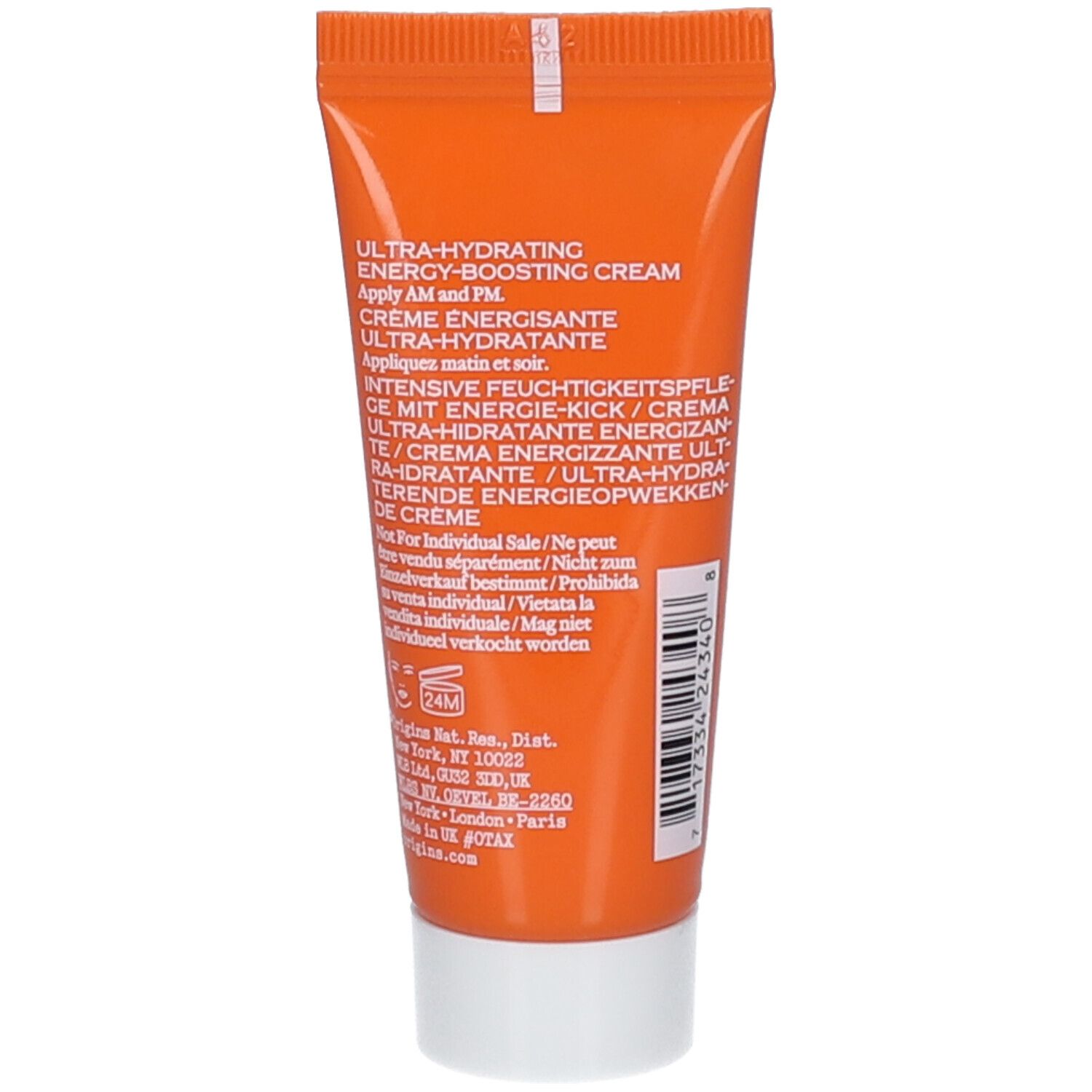 Dos du tube. Texte: Ultra-Hydrating Energy-Boosting Cream. Texte multilingue. Bouchon blanc.
