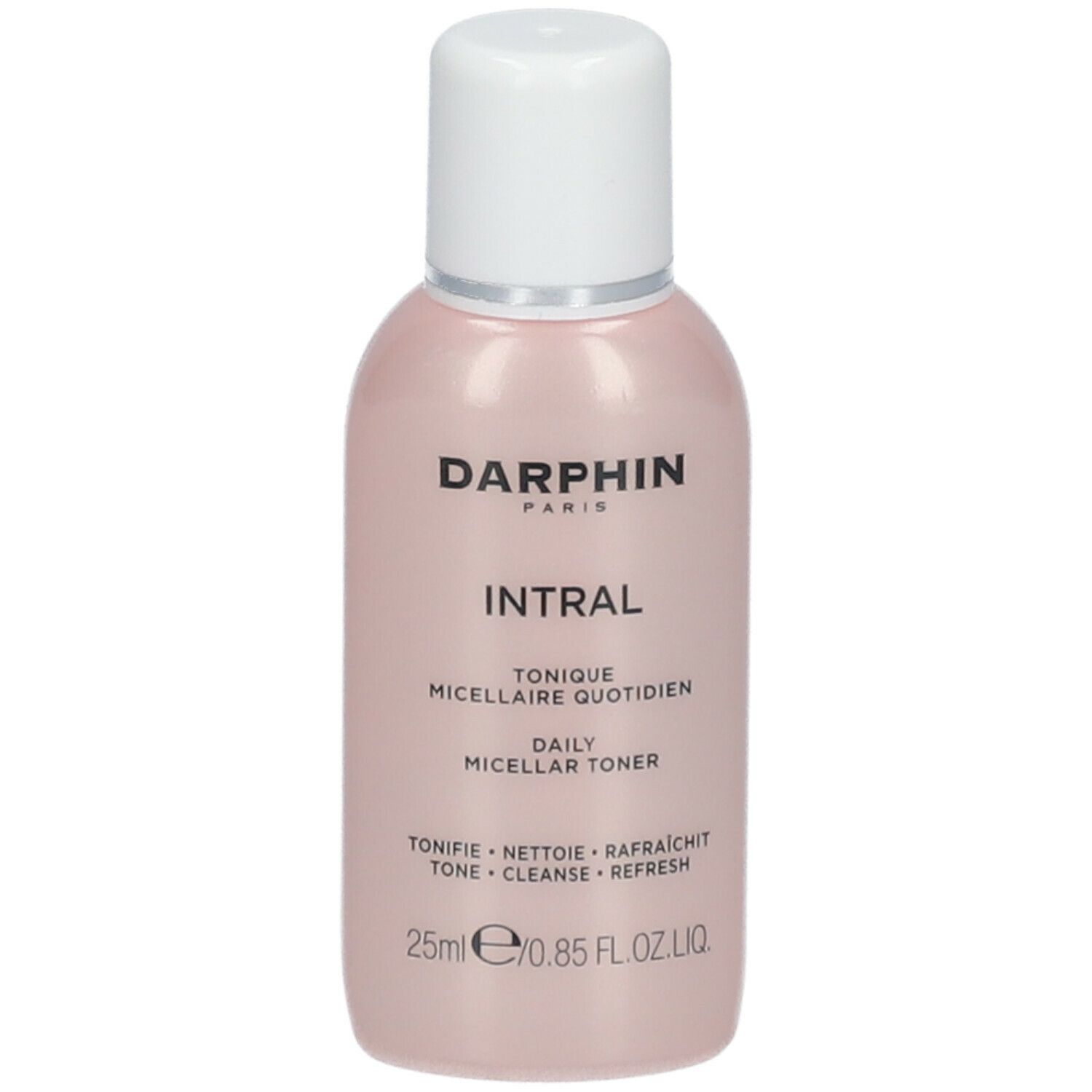 Flacon rose avec bouchon blanc. Darphin Intral Tonique Micellaire Quotidien. Texte: Daily Micellar Toner, 25ml.
