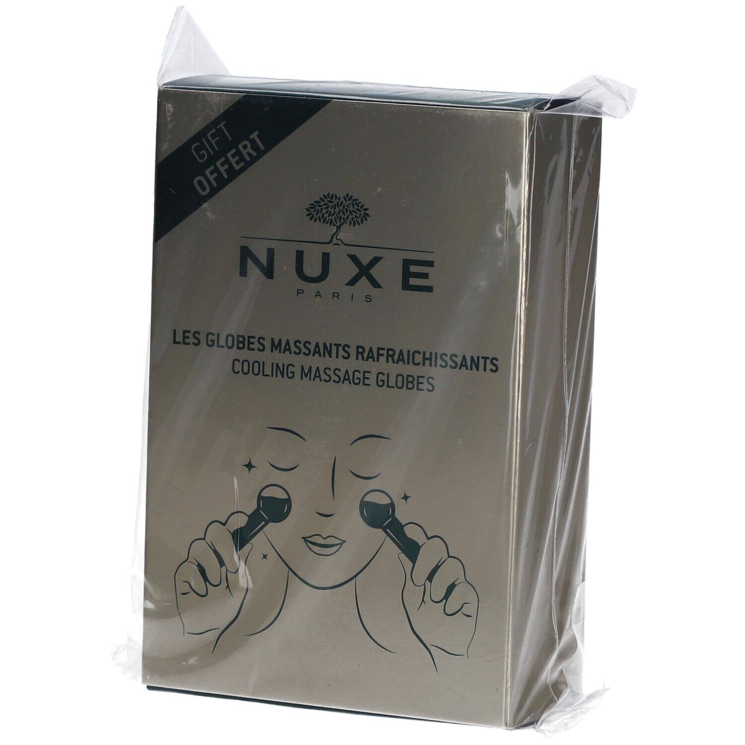 Boîte Nuxe, emballage cadeau. Globes massants rafraîchissants. Illustration d'utilisation. Texte descriptif.