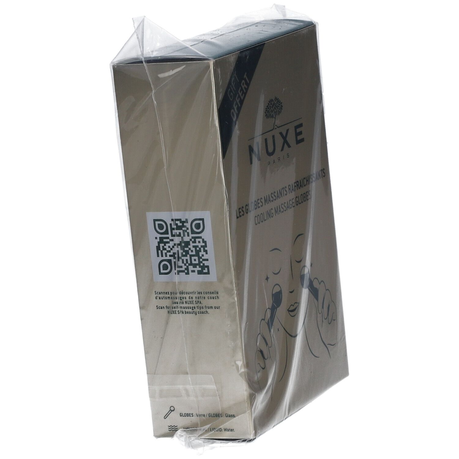 Boîte Nuxe, emballage cadeau. QR code et texte descriptif. Globes massants rafraîchissants.