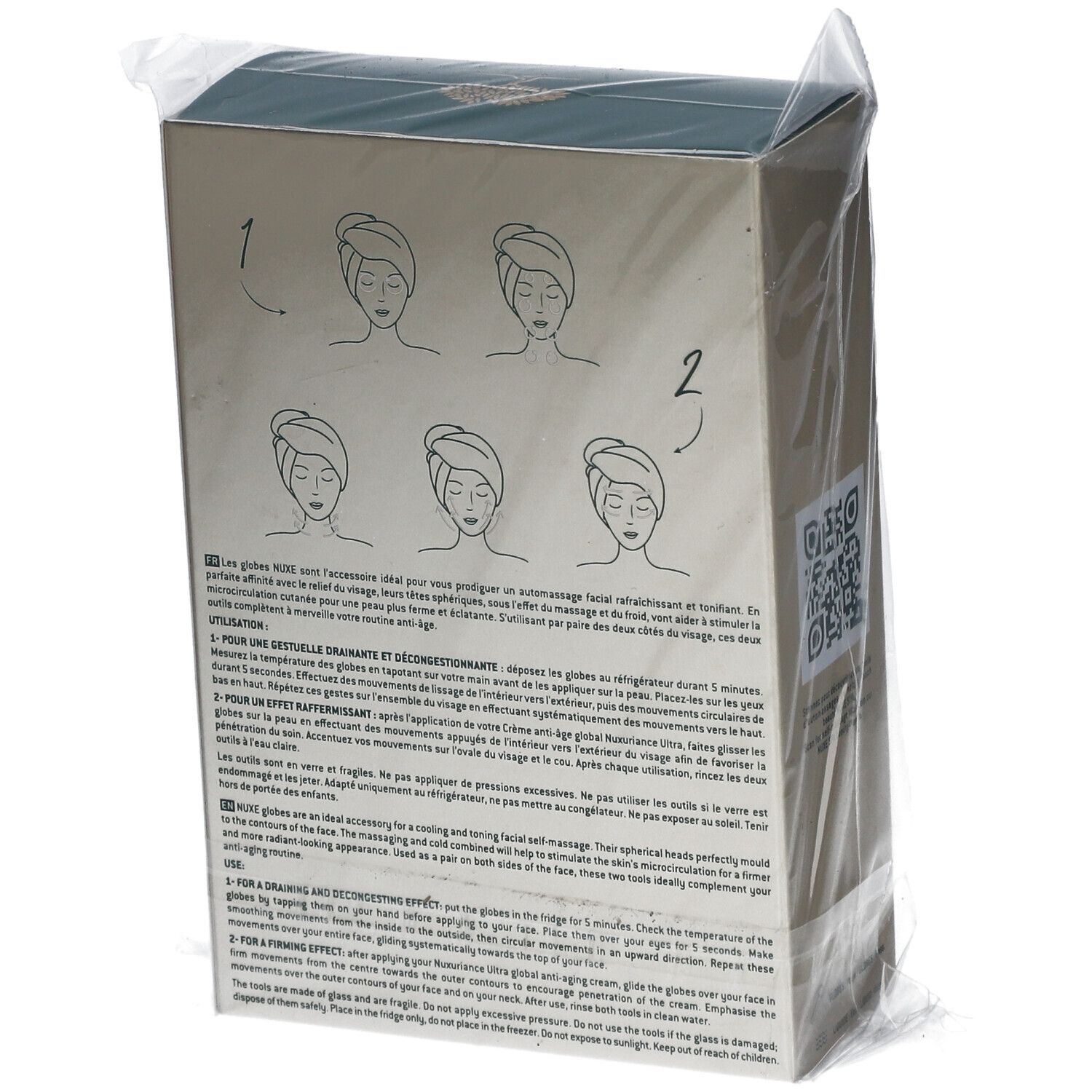 Boîte Nuxe, emballage cadeau. Instructions d'utilisation. Globes massants rafraîchissants.