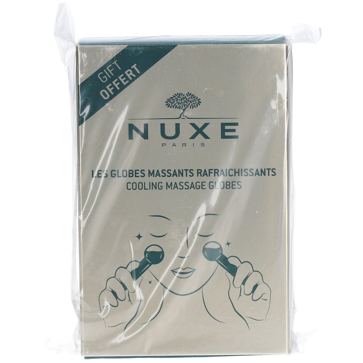 Boîte Nuxe, emballage cadeau. Globes massants rafraîchissants. Illustration d'utilisation. Texte descriptif.