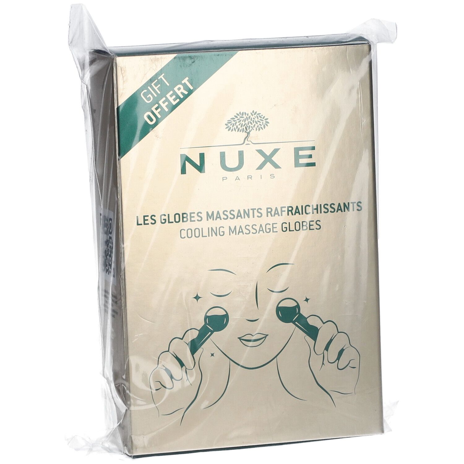 Boîte Nuxe, emballage cadeau. Globes massants rafraîchissants. Illustration d'utilisation. Texte descriptif.
