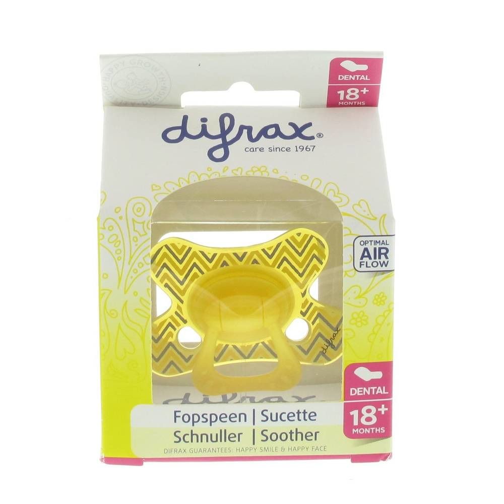 Sucette jaune à motif chevrons jaune, emballage. Marque Difrax, dès 18 mois.