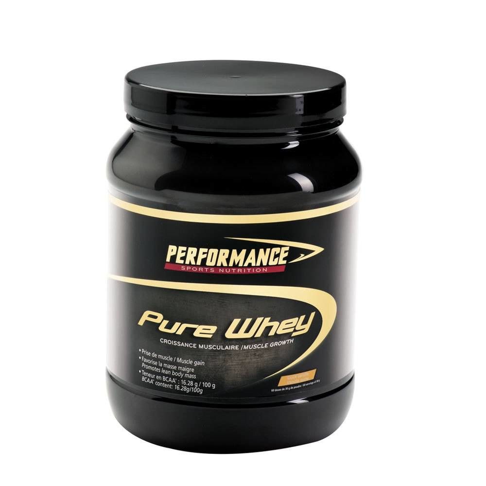 Pot noir avec couvercle. Inscription : PERFORMANCE SPORTS NUTRITION, Pure Whey. Indications sur la prise de masse musculaire. Détails dorés.