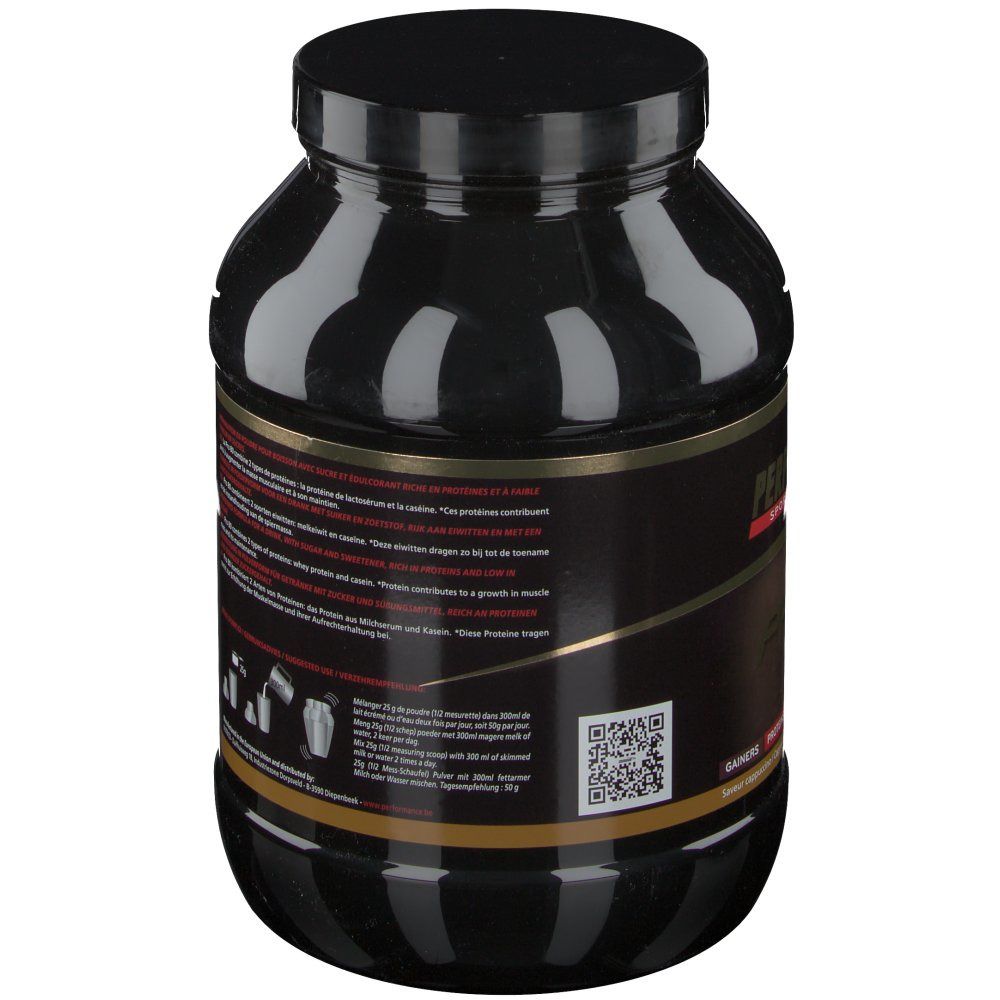 Dos d'un pot noir. Étiquette avec texte multilingue. Code QR et illustrations des étapes de préparation.