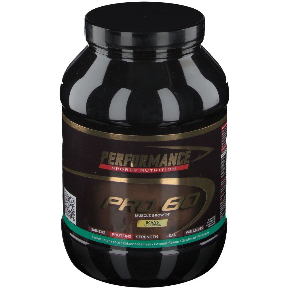 Pot noir avec étiquette dorée. Inscription: Performance Pro 60. Bande verte et dorée en bas. Goût noix de coco.