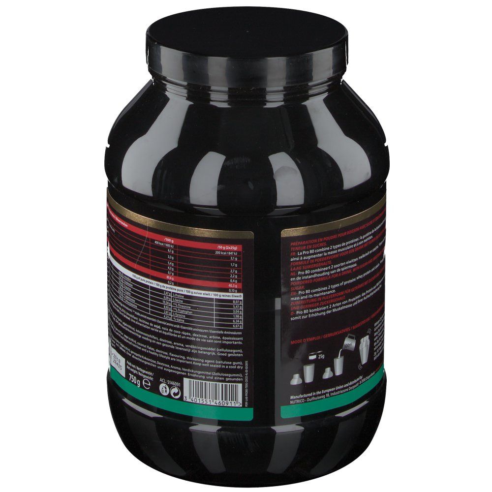 Pot noir, dos avec informations nutritionnelles et mode d'emploi. Bande verte en bas. 750g.