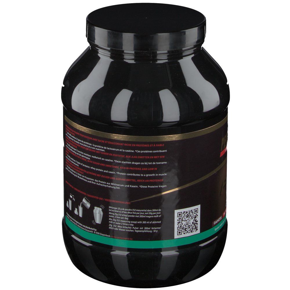 Pot noir, dos avec texte multilingue et illustrations. Bande verte en bas. Code QR.