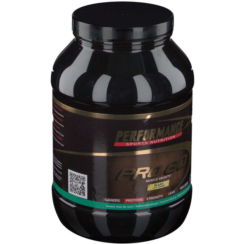 Pot noir avec étiquette dorée. Inscription: Performance Pro 60. Bande verte en bas. Code QR.