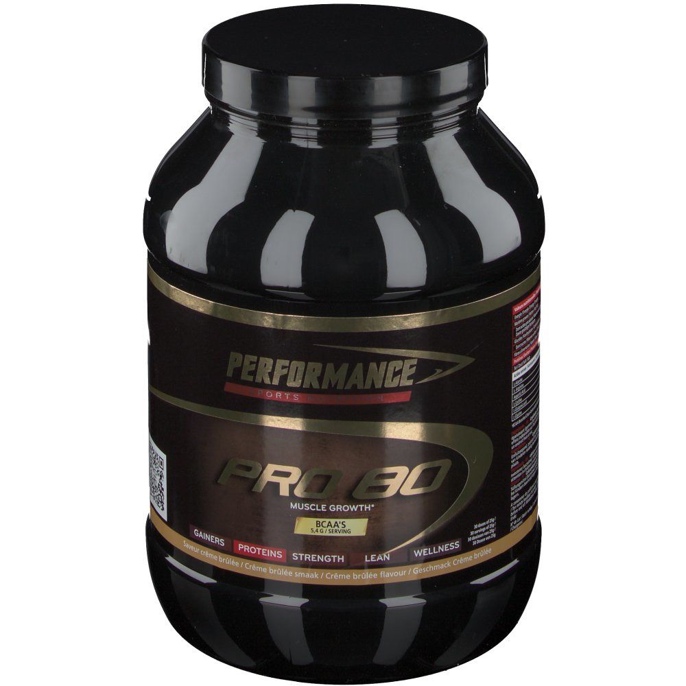 Pot noir avec étiquette. Inscription: Performance Pro 80. Accents dorés et rouges. Texte: BCAA's, Muscle Growth.