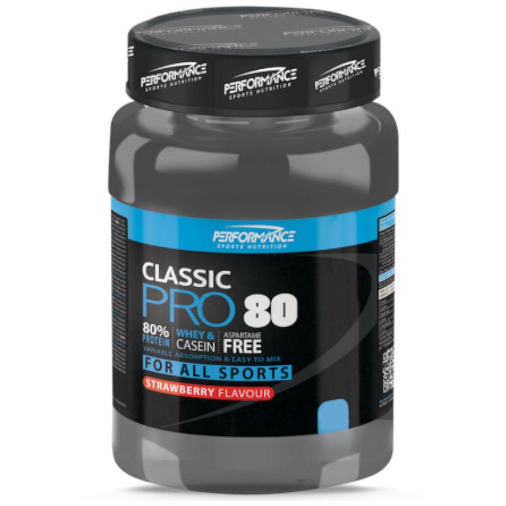 Pot gris foncé avec étiquette bleue. Inscription : Classic Pro 80, 80% Whey & Aspartam, Casein Free, saveur fraise. Marque : Performance Sports Nutrition.