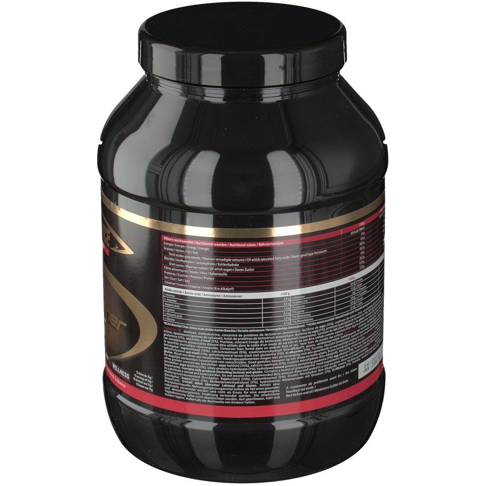 Pot noir avec étiquette. Texte multilingue. Bande rouge en bas. Couvercle.