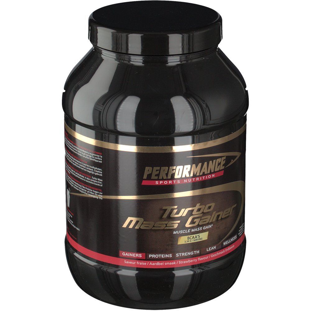 Pot noir avec étiquette dorée. Inscription "Turbo Mass Gainer". Goût fraise. Couvercle.