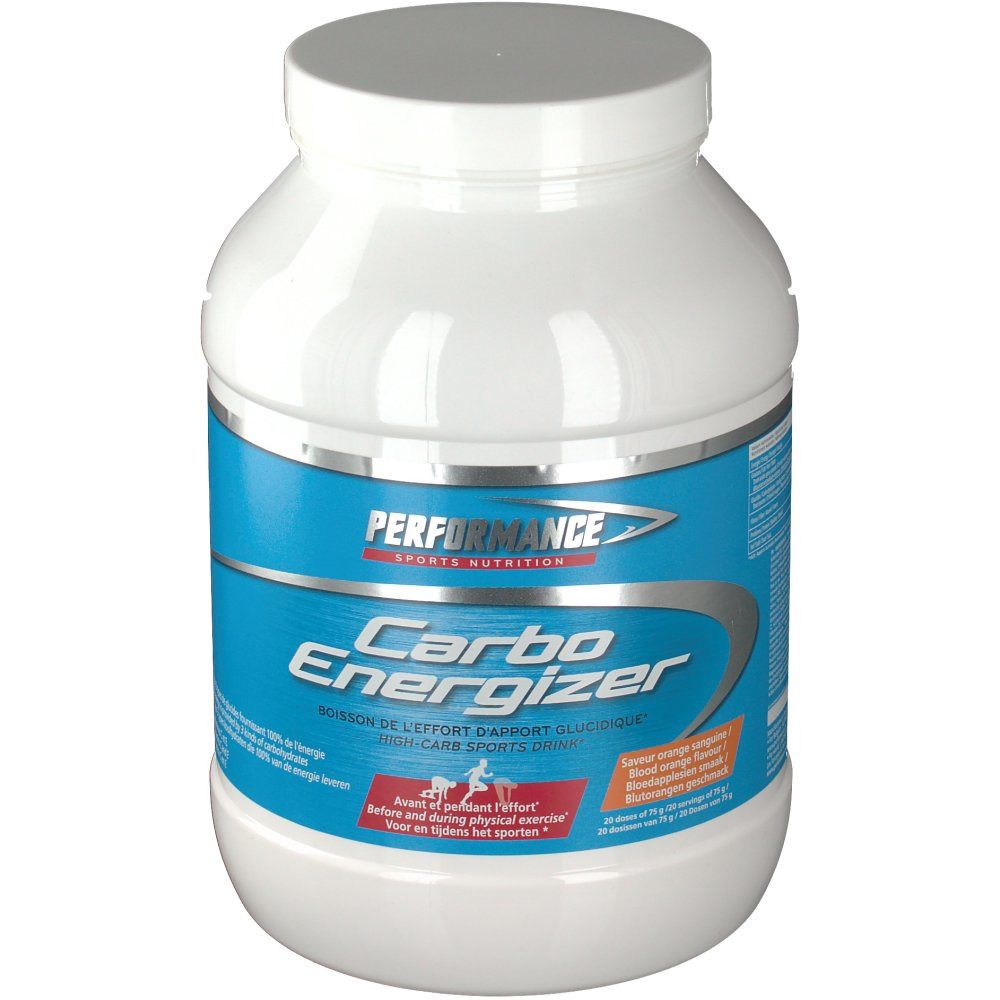 Pot blanc avec étiquette bleue. Inscription: Performance Carbo Energizer. Contient des glucides. Pour sportifs.