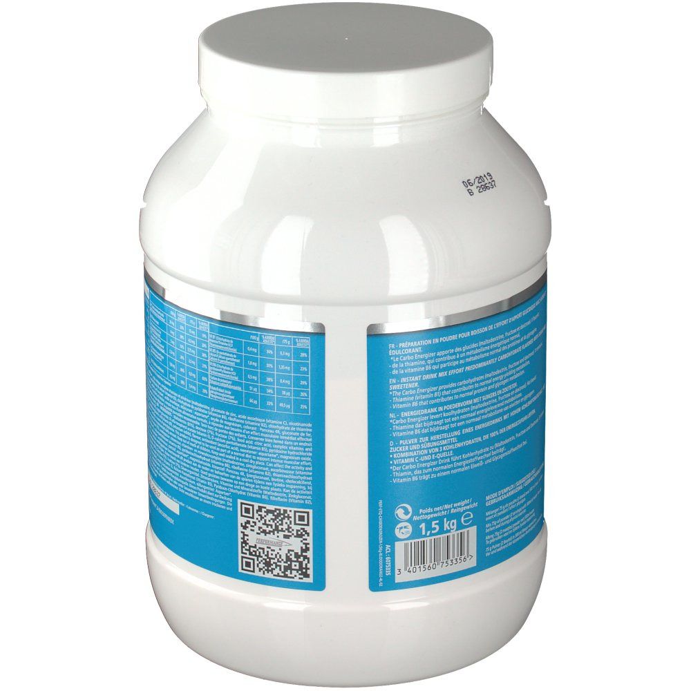 Pot blanc, dos avec étiquette bleue. Contient des informations nutritionnelles et un code QR. Poids: 1,5 kg.