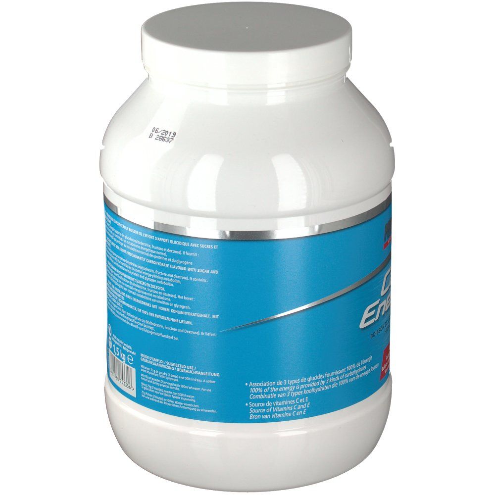 Pot blanc, dos avec étiquette bleue. Contient des informations nutritionnelles. Poids: 1,5 kg. Bordure argentée.