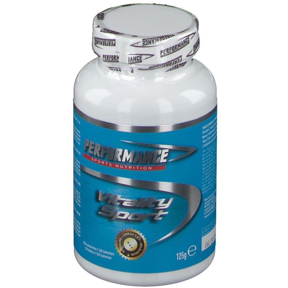 Flacon blanc avec étiquette bleue. Inscription: PERFORMANCE Sports Nutrition, Vitality Sport. 125g, 120 comprimés.
