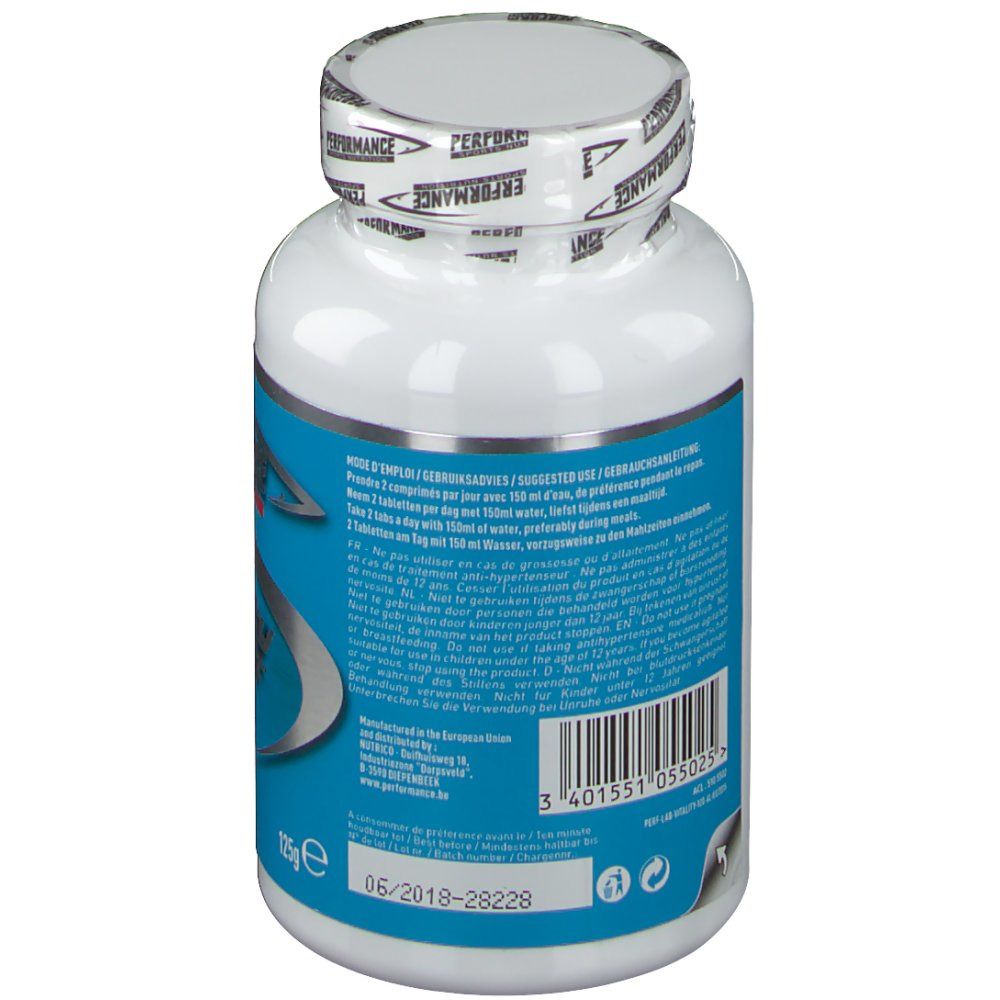 Dos d'une bouteille blanche avec étiquette bleue. Texte: mode d'emploi, ingrédients. Code-barres et date de péremption.