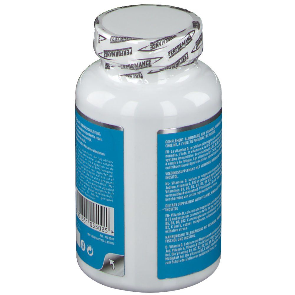 Flacon blanc avec étiquette bleue. Texte: Complément alimentaire, ingrédients. Code-barres et date de péremption.