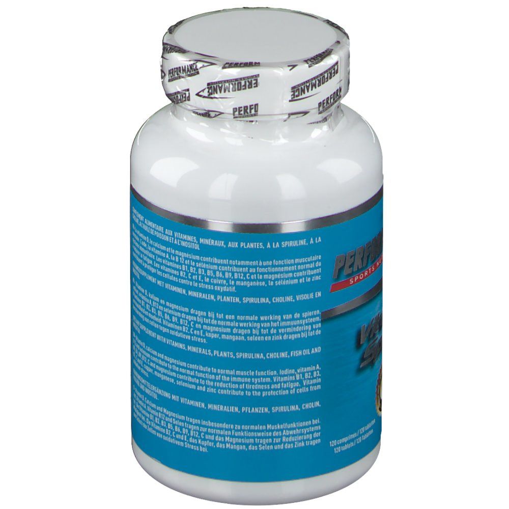 Flacon blanc avec étiquette bleue. Texte: ingrédients, mode d'emploi. 120 comprimés. Marque: PERFORMANCE Sports Nutrition.