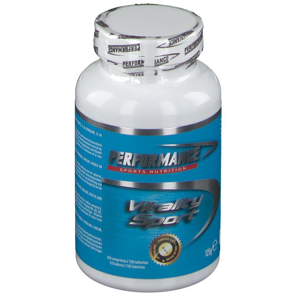 Flacon blanc avec étiquette bleue. Inscription: PERFORMANCE Sports Nutrition, Vitality Sport. 125g, 120 comprimés. Sceau.