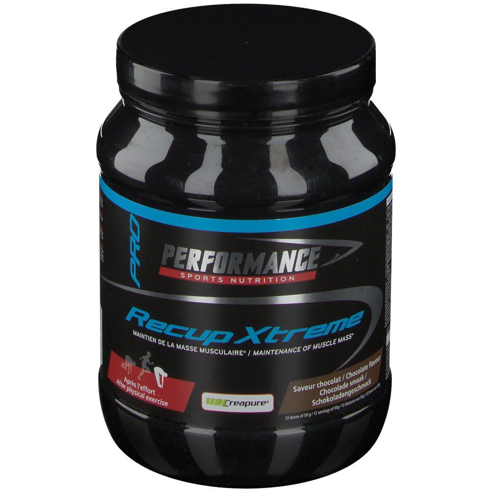 Pot noir avec texte bleu et blanc. Inscription: Performance Recup Xtreme, goût chocolat. Logo: Creapure.