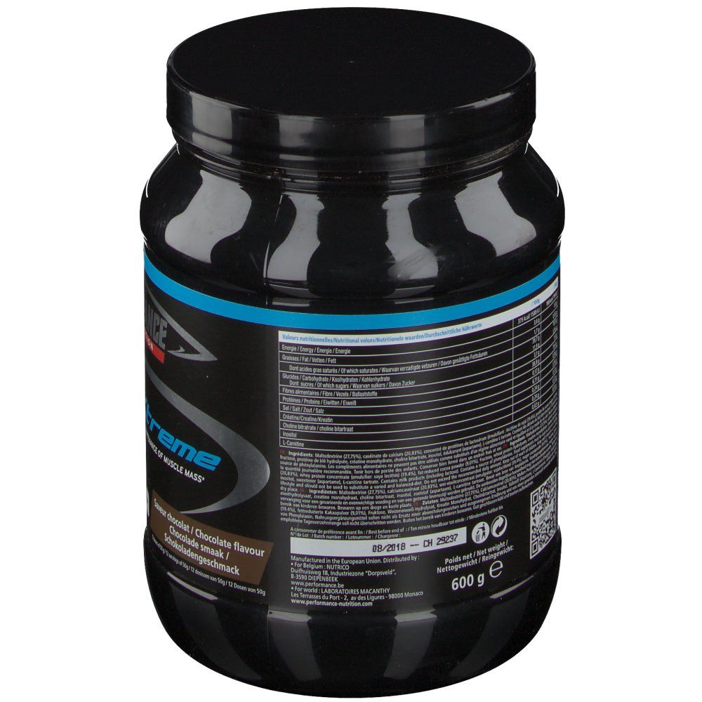 Pot noir, dos avec informations nutritionnelles et texte. Texte: 600 g, goût chocolat. Code QR et code-barres.