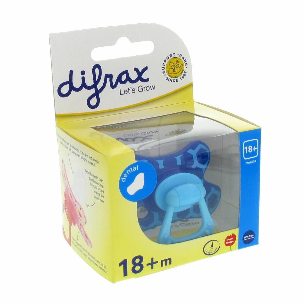 Emballage de sucette. Sucette bleue avec poignée bleue. Inscription "difrax". Recommandation d'âge : 18+ mois.