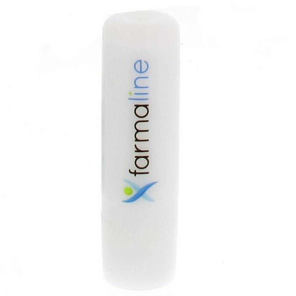 Stick de baume à lèvres blanc avec texte "farmaline" bleu et logo. Forme cylindrique.