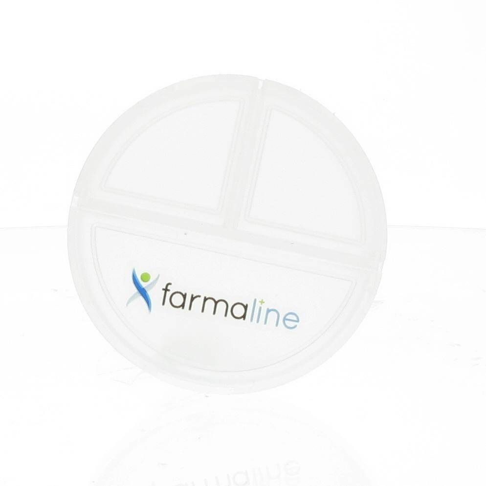 Pilulier rond transparent à trois compartiments. Inscription Farmaline.