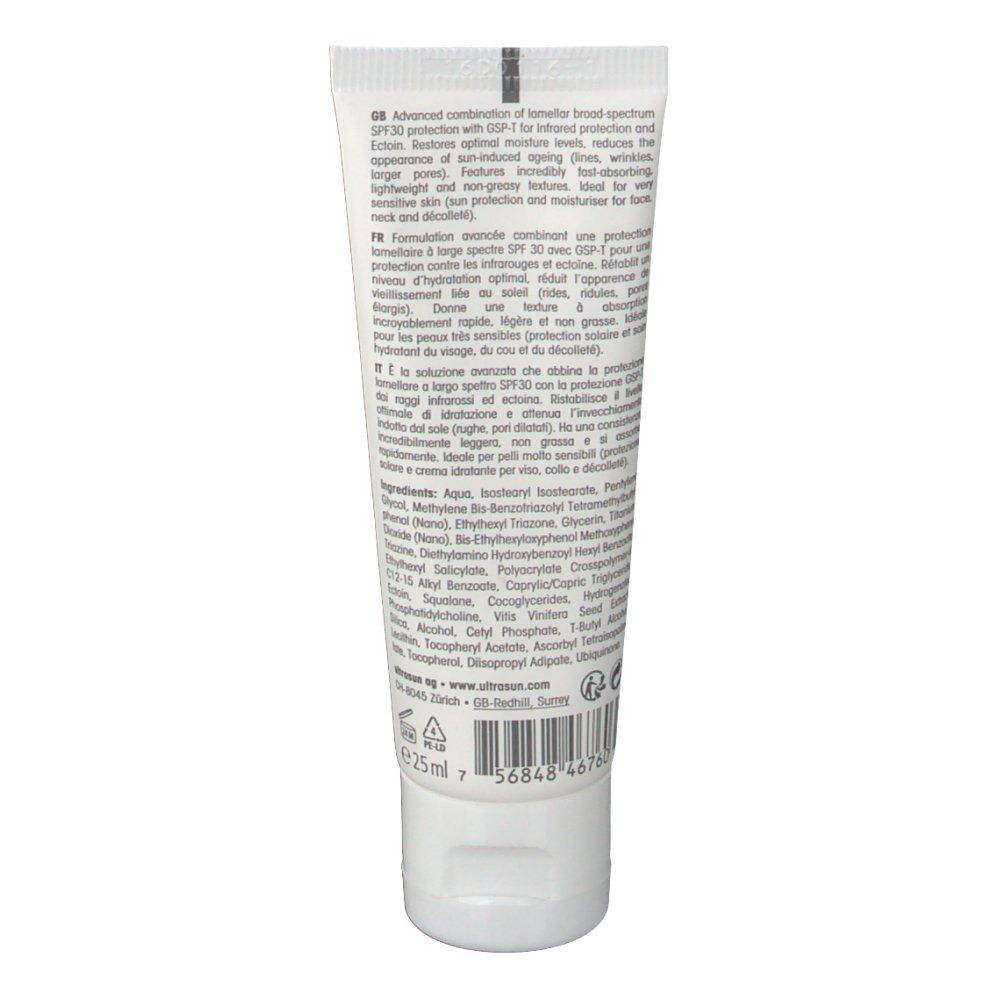 Dos du tube Ultrasun Facecream SPF30 Mini. Blanc, avec texte. Ingrédients et informations. Marque Ultrasun.