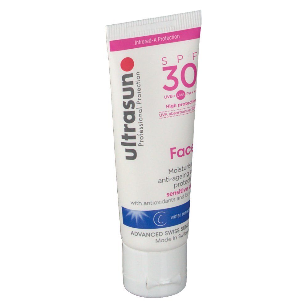 Tube Ultrasun Facecream SPF30 Mini. Blanc, accents roses et bleus. Texte: SPF 30, Face, résistant à l'eau. Marque Ultrasun.