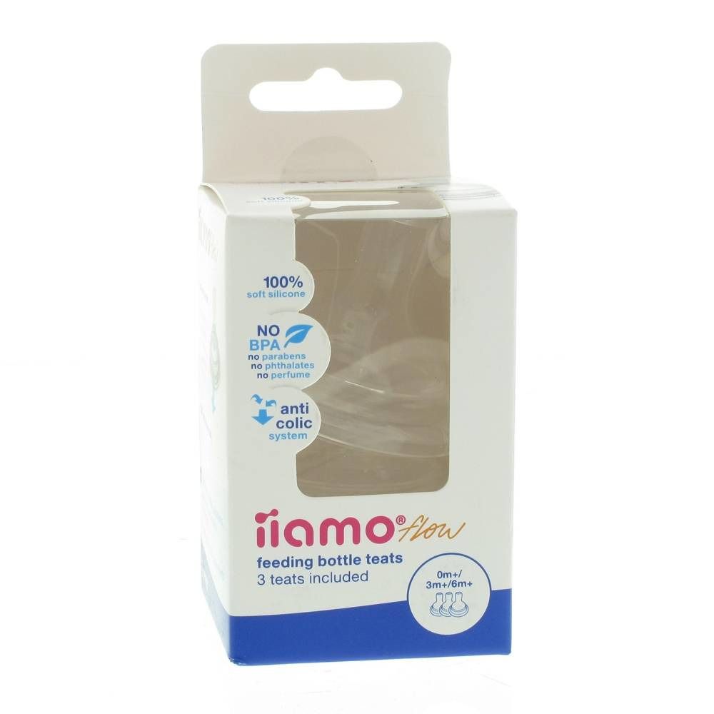 Emballage avec trois tétines. Texte: iiamo flow, 0m+/3m+/6m+. 100% silicone, sans BPA.