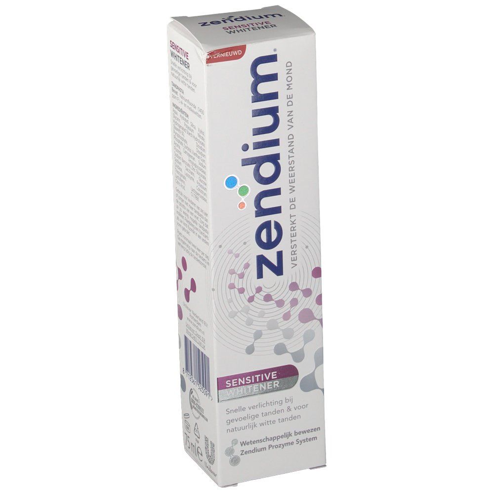Emballage de dentifrice Zendium. Blanc, avec des accents violets et bleus. Inscription : Zendium, Sensitive Whitener.