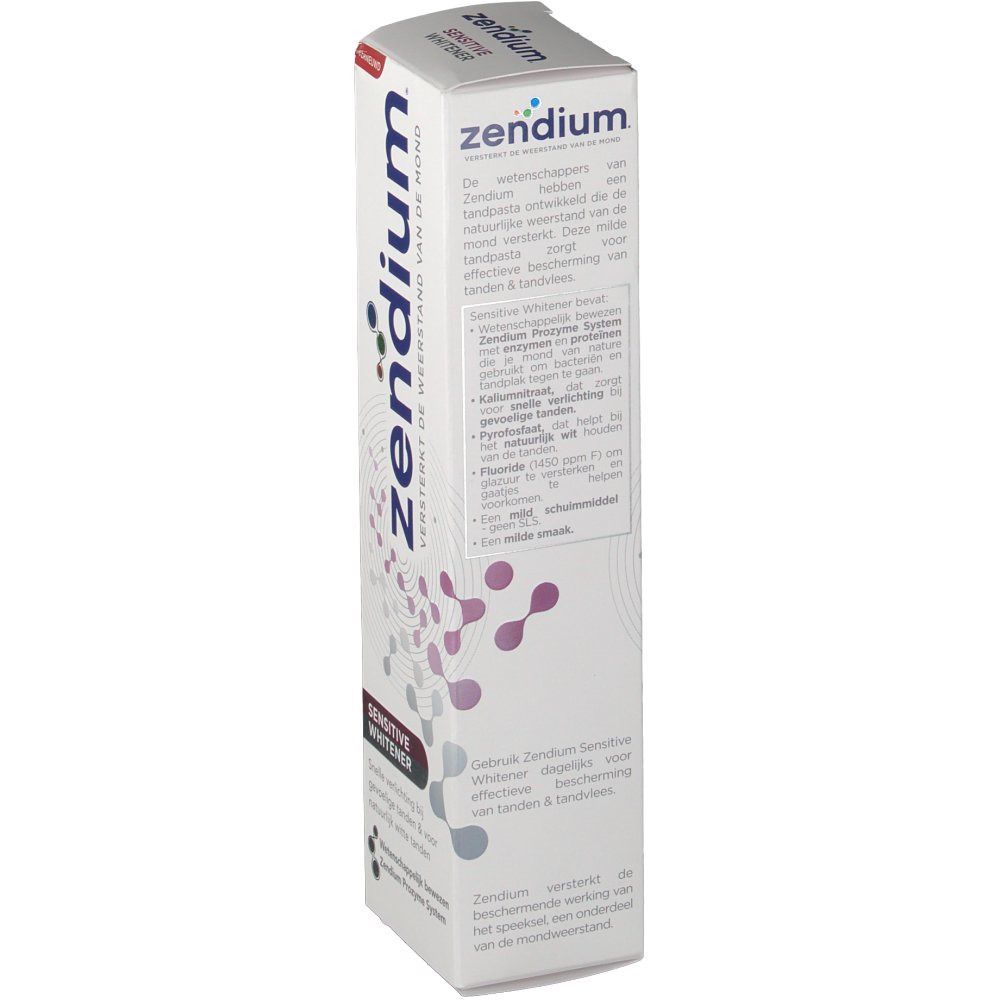 Emballage de dentifrice Zendium. Texte en néerlandais. Inscription : Zendium, Sensitive Whitener.
