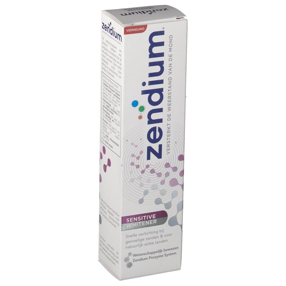 Emballage de dentifrice Zendium. Blanc, avec des accents violets et bleus. Inscription : Zendium, Sensitive Whitener.