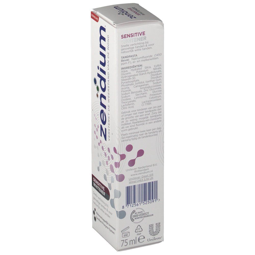 Emballage de dentifrice Zendium. Dos avec texte et code-barres. Inscription : Zendium, Sensitive Whitener.