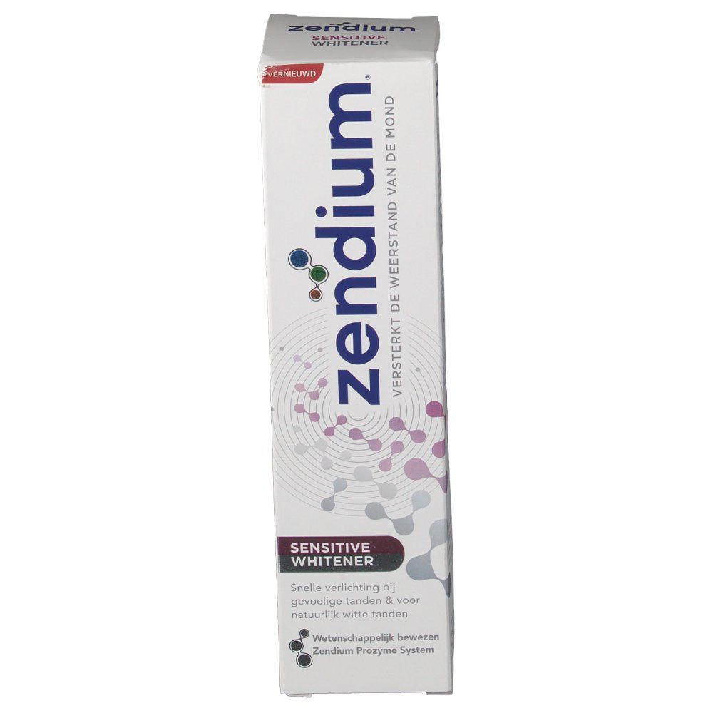 Emballage de dentifrice Zendium. Blanc, avec des accents violets et bleus. Inscription : Zendium, Sensitive Whitener.