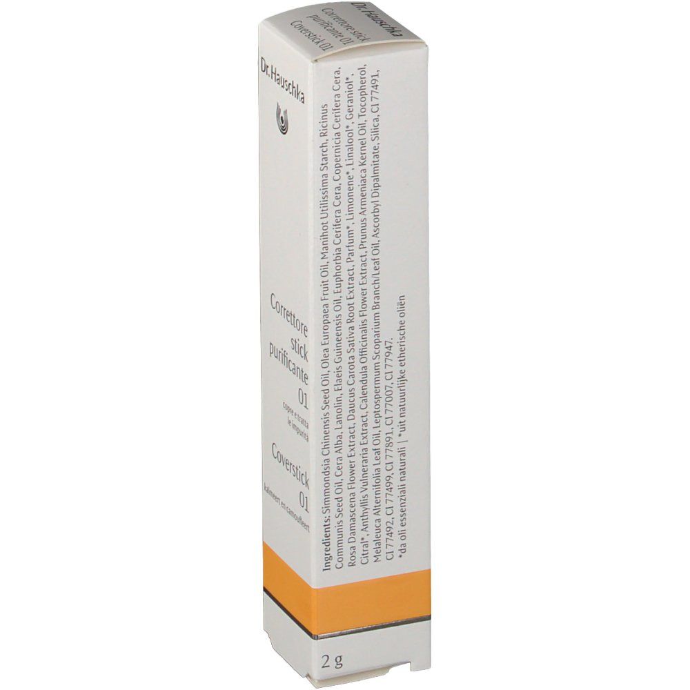 Dos de l'emballage du produit. Liste des ingrédients en anglais. Bande orange en bas. Nom du produit: Coverstick 01.